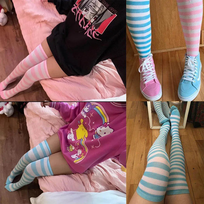 Color Striped Stockings Japanese Over Knee Socks for Women - Warm, Sexy, Slim Long Socks in Black and White Stripes