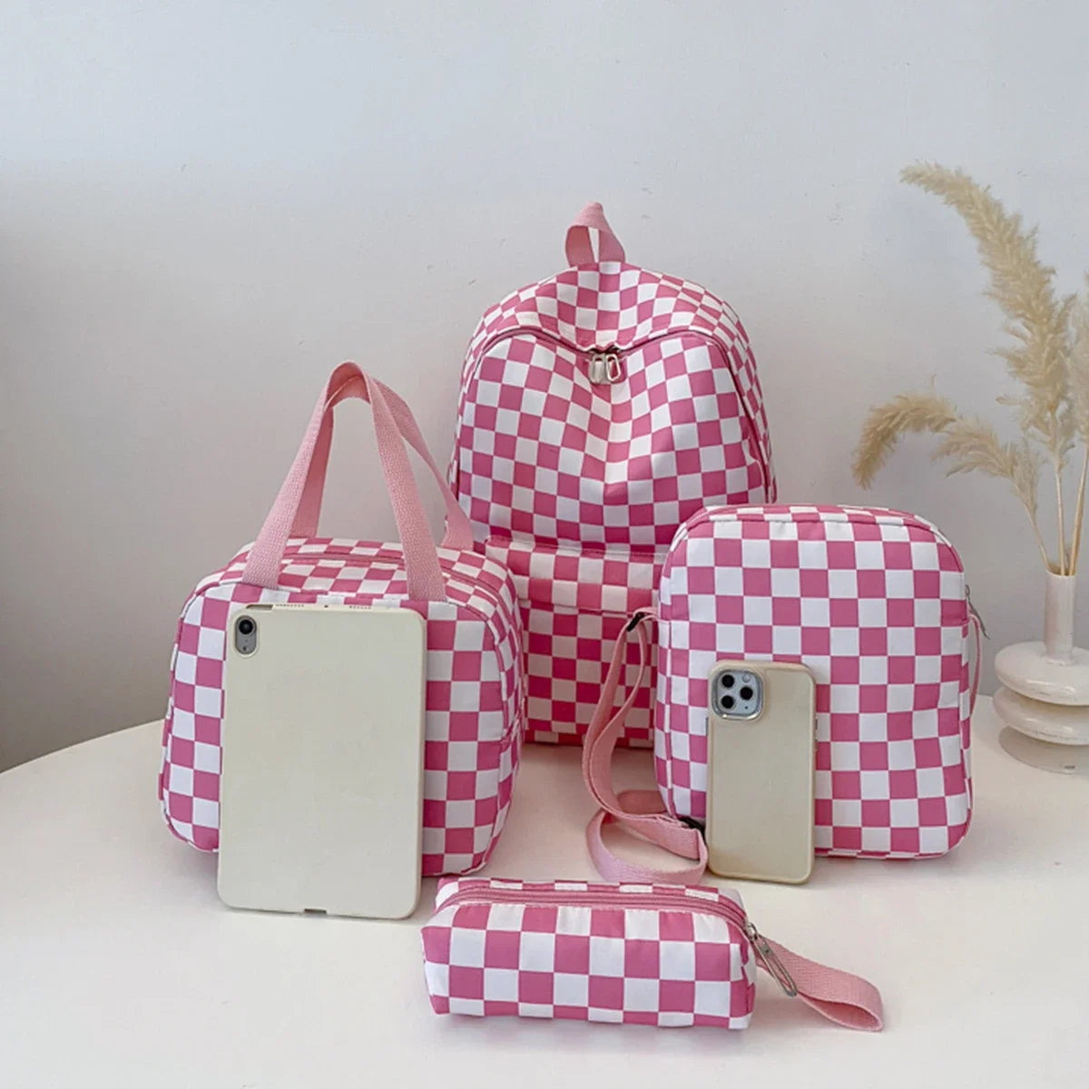 Checkerboard 4Pcs Backpack Set Crossbody Handbag Pen Case