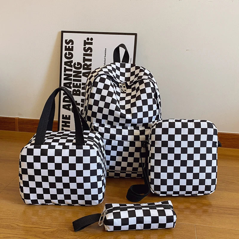 Checkerboard 4Pcs Backpack Set Crossbody Handbag Pen Case