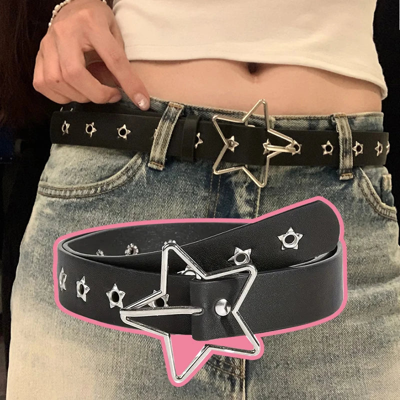 Y2K Punk Star Eyelet Black Rivet Belt Goth PU Leather Belts for Women, Jeans, Pants, Boys, Girls, and Students