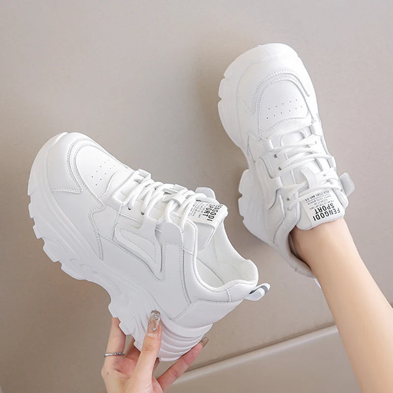 White Platform Women's Sneakers - Lace-Up Thick Bottom