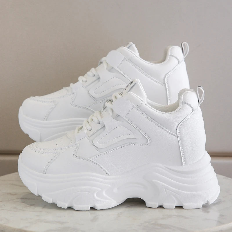 White Platform Women's Sneakers Spring Lace-Up Thick Bottom Vulcanize Shoes Woman Leather Breathable Sports Shoes Ladies