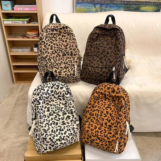 Corduroy Leopard Backpack for Teenagers - Large Capacity Women's School Bag - Korean Versatile Travel Bag