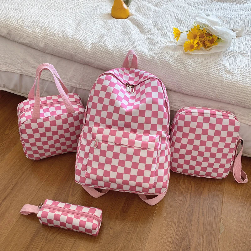 Checkerboard 4Pcs Backpack Set Crossbody Handbag Pen Case