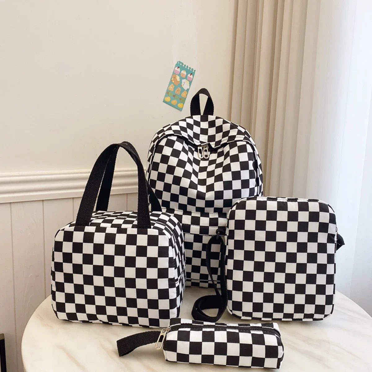Checkerboard 4Pcs Backpack Set Crossbody Handbag Pen Case Stitching Multi Pocket Adjustable Straps Campus Commute Bundle