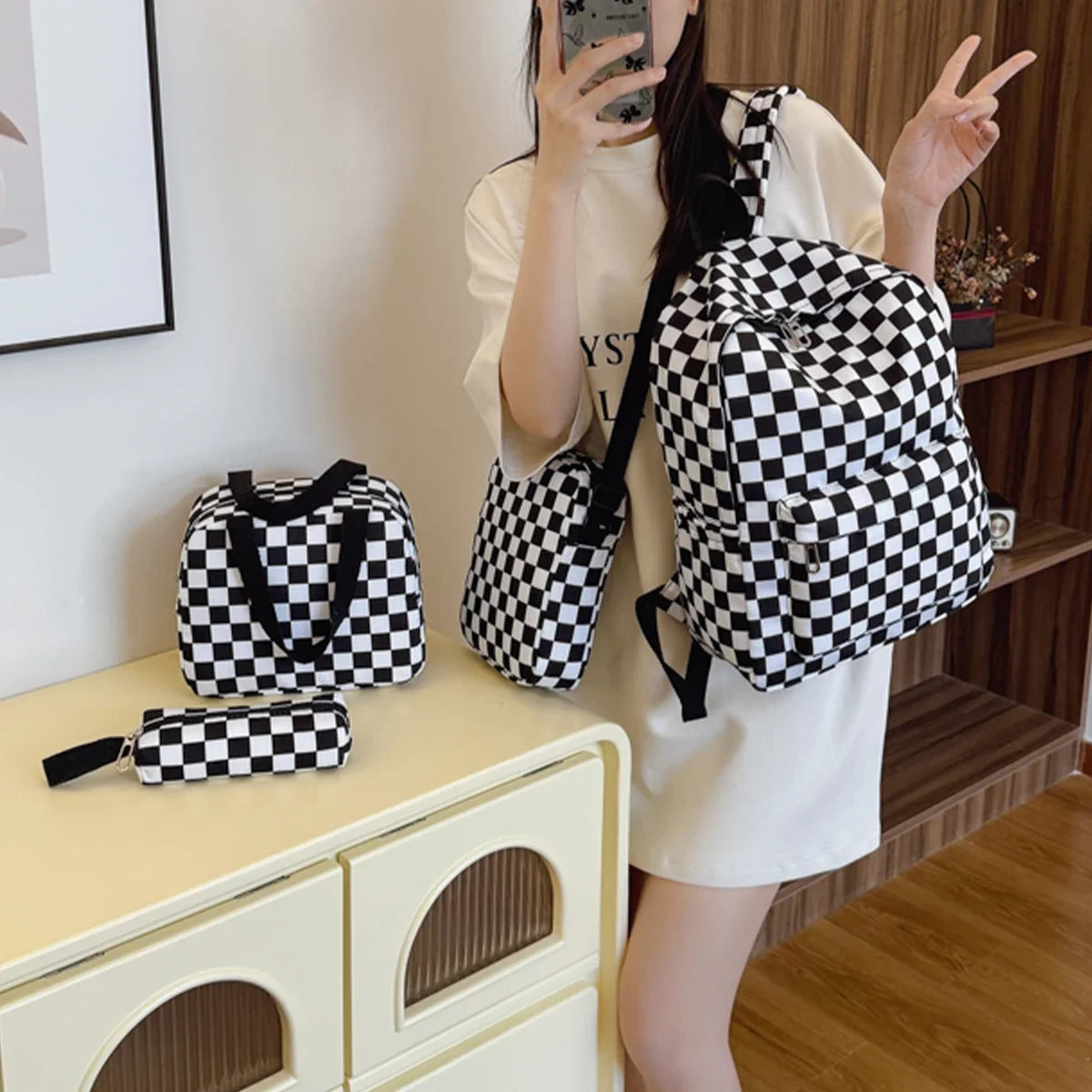 Checkerboard 4Pcs Backpack Set Crossbody Handbag Pen Case