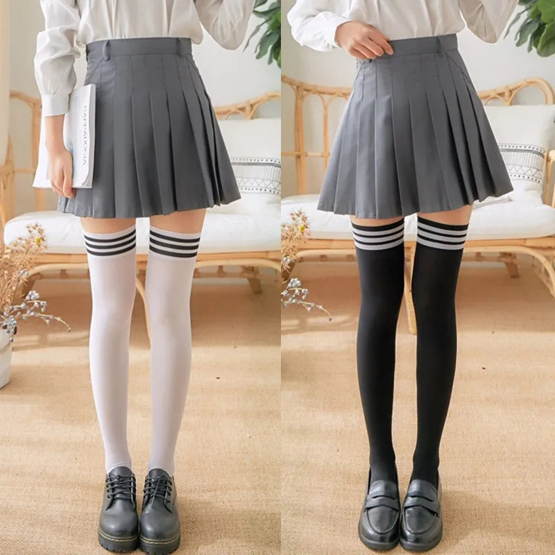 Solid Color Lolita Long Stockings JK Women Girls Cute Black White Tights Over Knee Thigh High Socks Cosplay Sexy Nylon Stockings