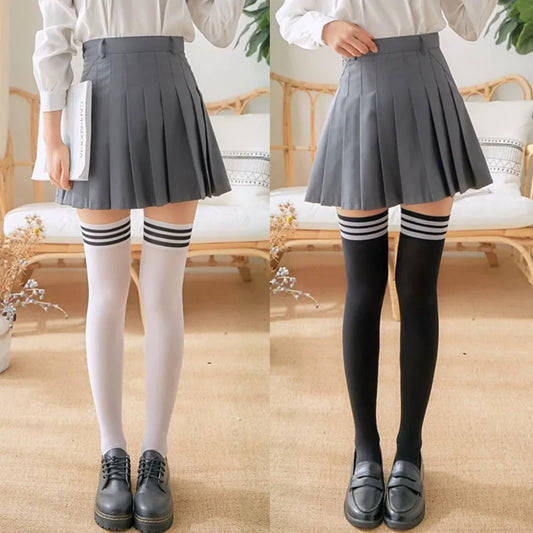 Solid Color Lolita Long Stockings JK Women Girls Cute Black White Tights Over Knee Thigh High Socks Cosplay Sexy Nylon Stockings