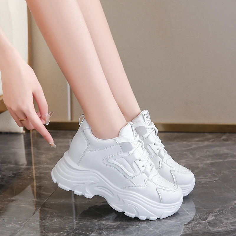 White Platform Women's Sneakers - Lace-Up Thick Bottom