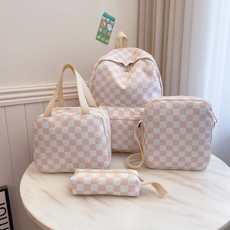 Checkerboard 4Pcs Backpack Set Crossbody Handbag Pen Case