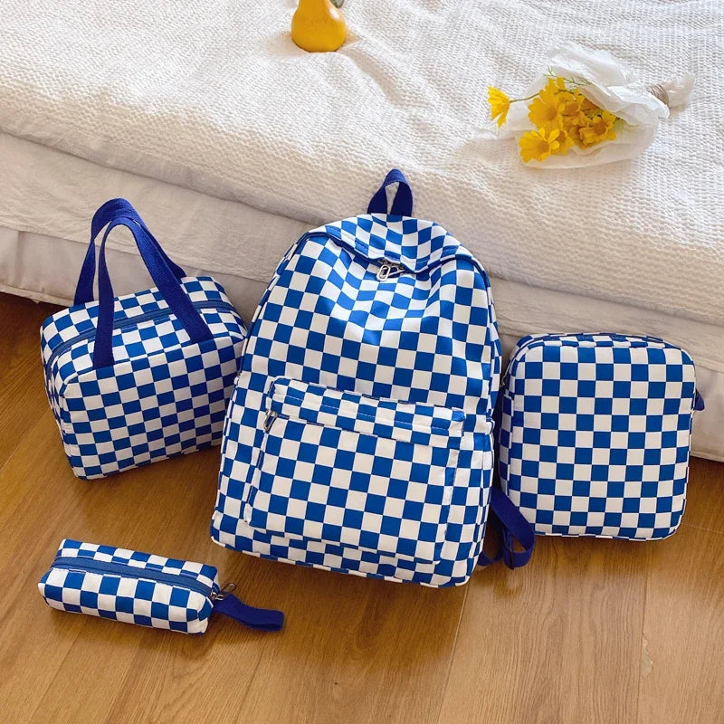 Checkerboard 4Pcs Backpack Set Crossbody Handbag Pen Case