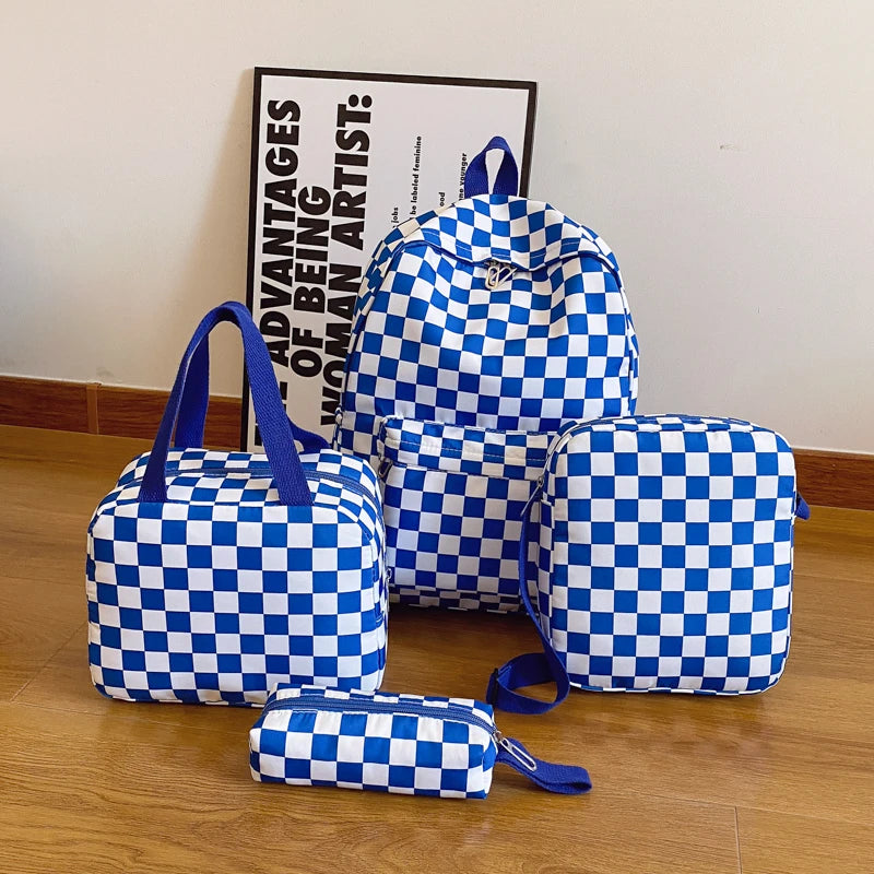 Checkerboard 4Pcs Backpack Set Crossbody Handbag Pen Case