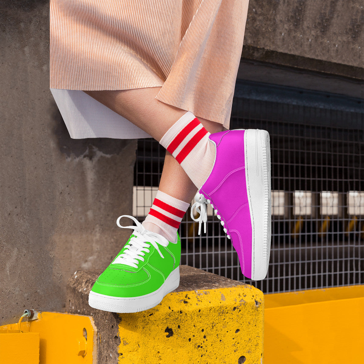 Two Tone Pink and Green Harajuku Low Top Unisex Sneaker - One Green Shoe and One Pink Shoe