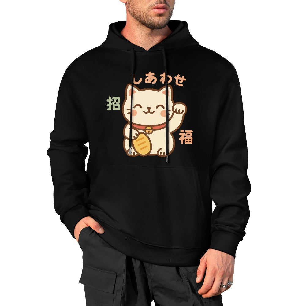 Lucky Cat Pure Cotton Hoodie Sweater - Black