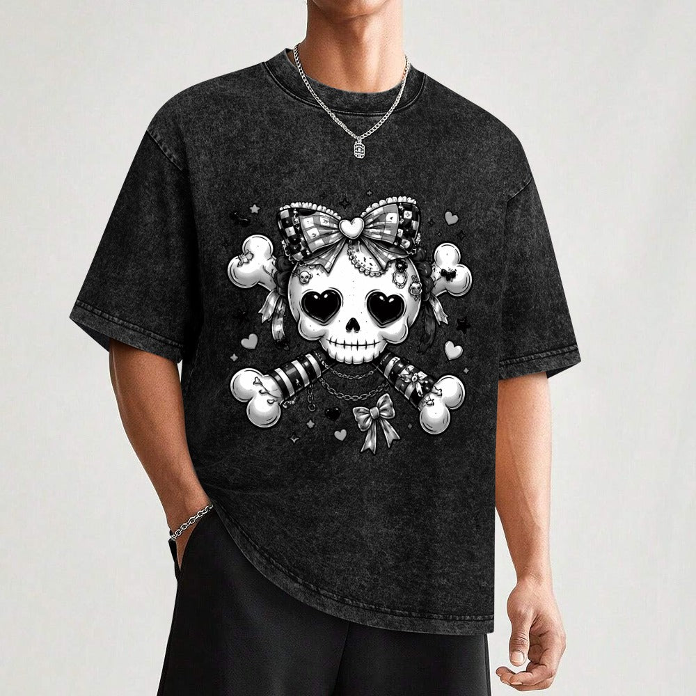 Harajuku Skull and Crossbones Hot Vintage Wash Off Shoulder Short-Sleeved T-Shirt