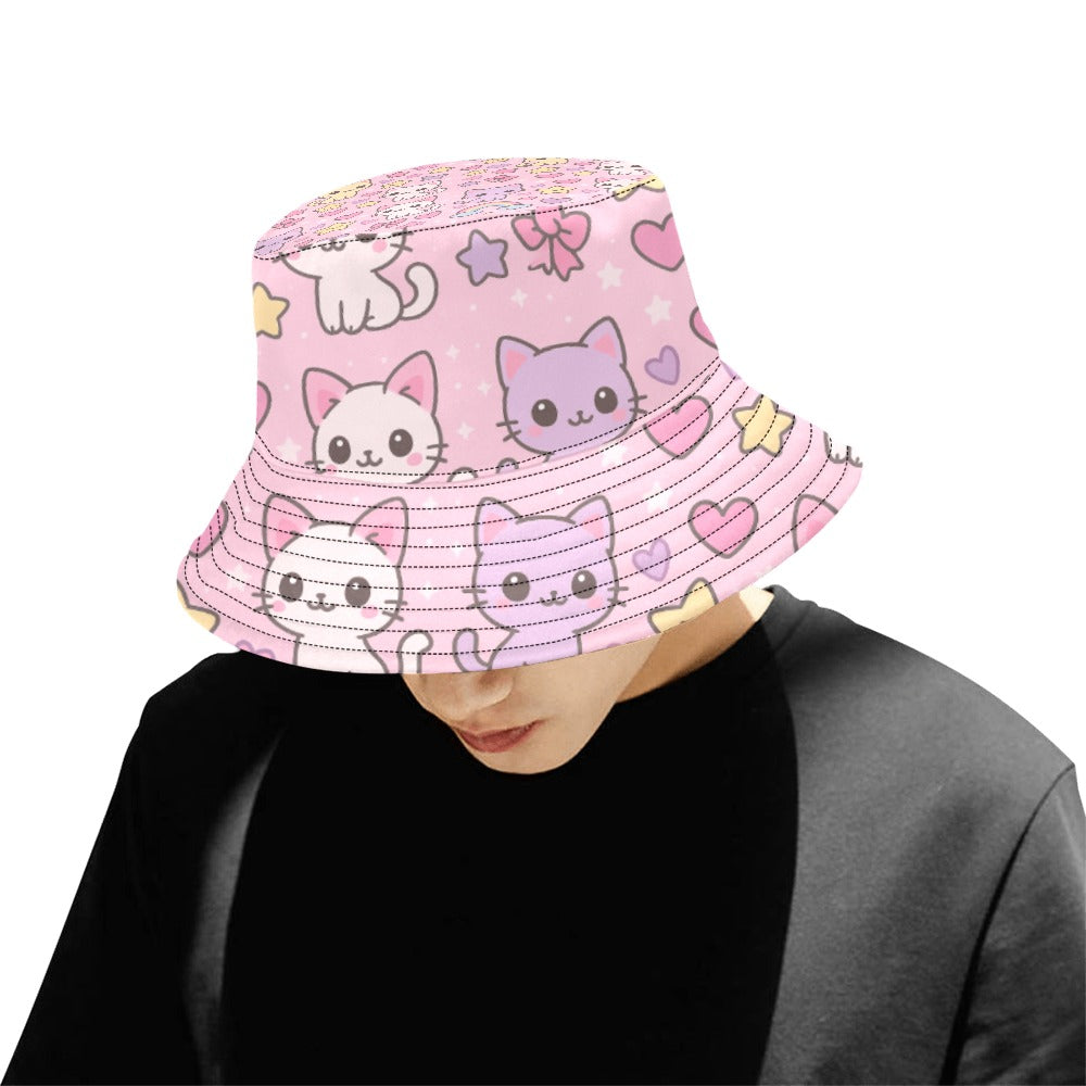 Pink Kawaii Harajuku Pattern Cats Men's Bucket Hat