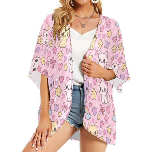 Harajuku Kawaii Cat Rainbow Women's Kimono Cover Up