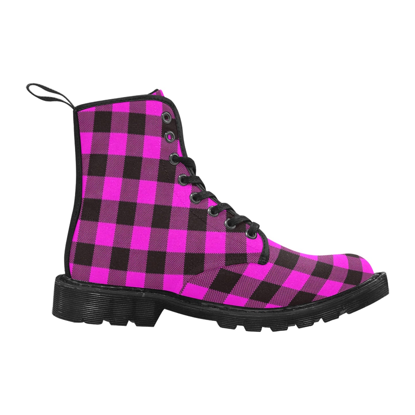 Pink and Black Plaid Women's Lace Up Canvas Boots