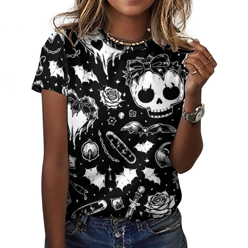 Skulls Goth Pattern Women's 100% Cotton T-Shirt