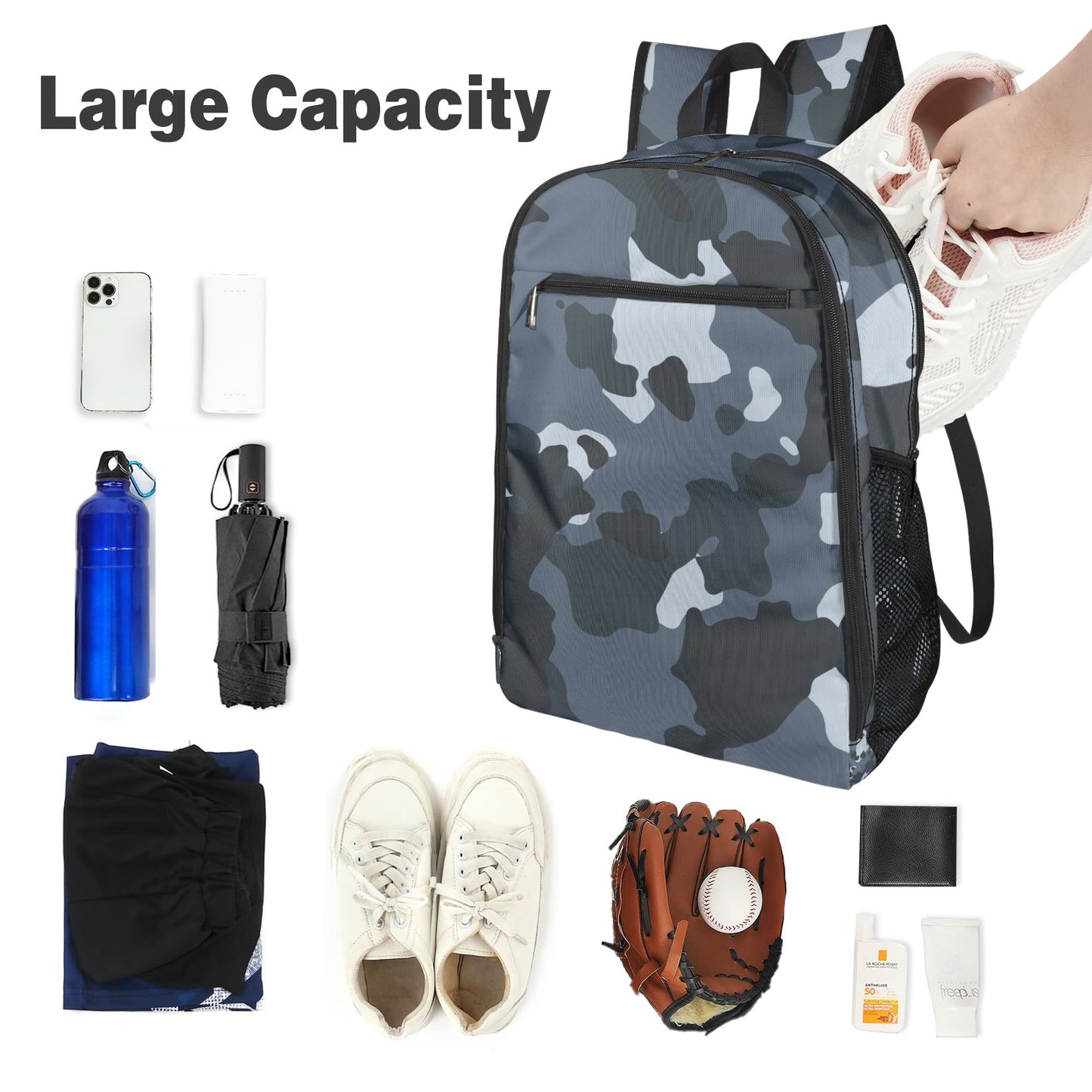 Dark Blue Gray Camo All Over Print Leisure Sports Backpack