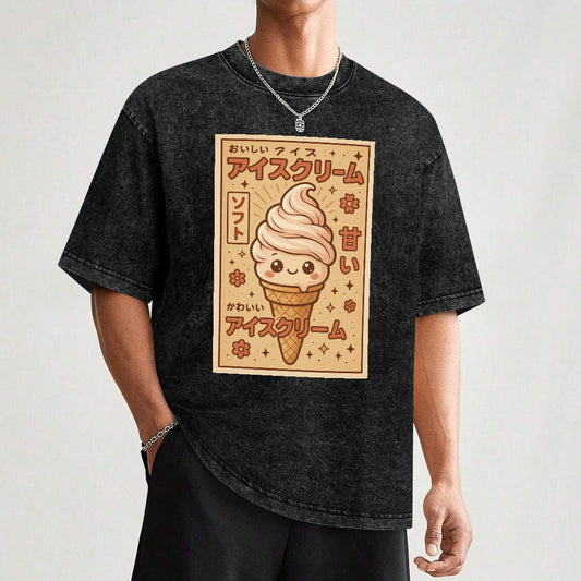 Kawaii Ice Cream Cone Vintage Wash Off Shoulder T-Shirt