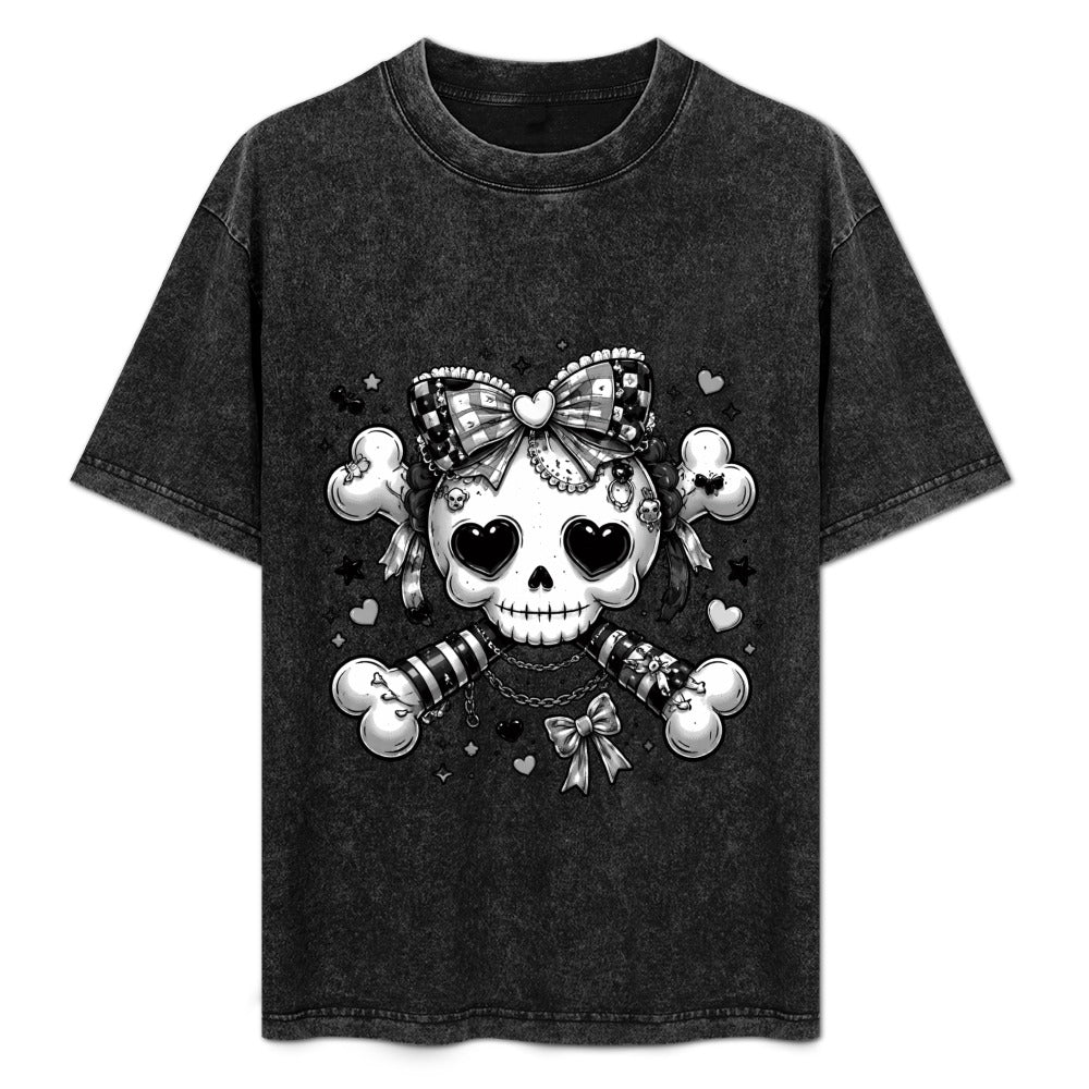 Harajuku Skull and Crossbones Hot Vintage Wash Off Shoulder Short-Sleeved T-Shirt