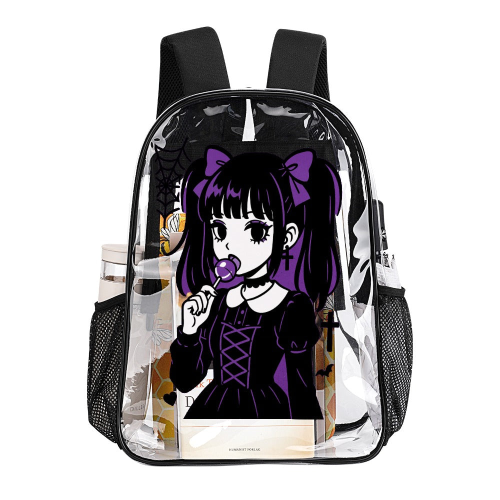 Goth Purple Lollipop Harajuku Girl Transparent Backpack 17 Inch