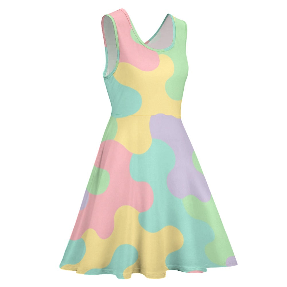 Pastel Rainbow Camo Harajuku Women's Round Neck Sleeveless Big Hem Dress