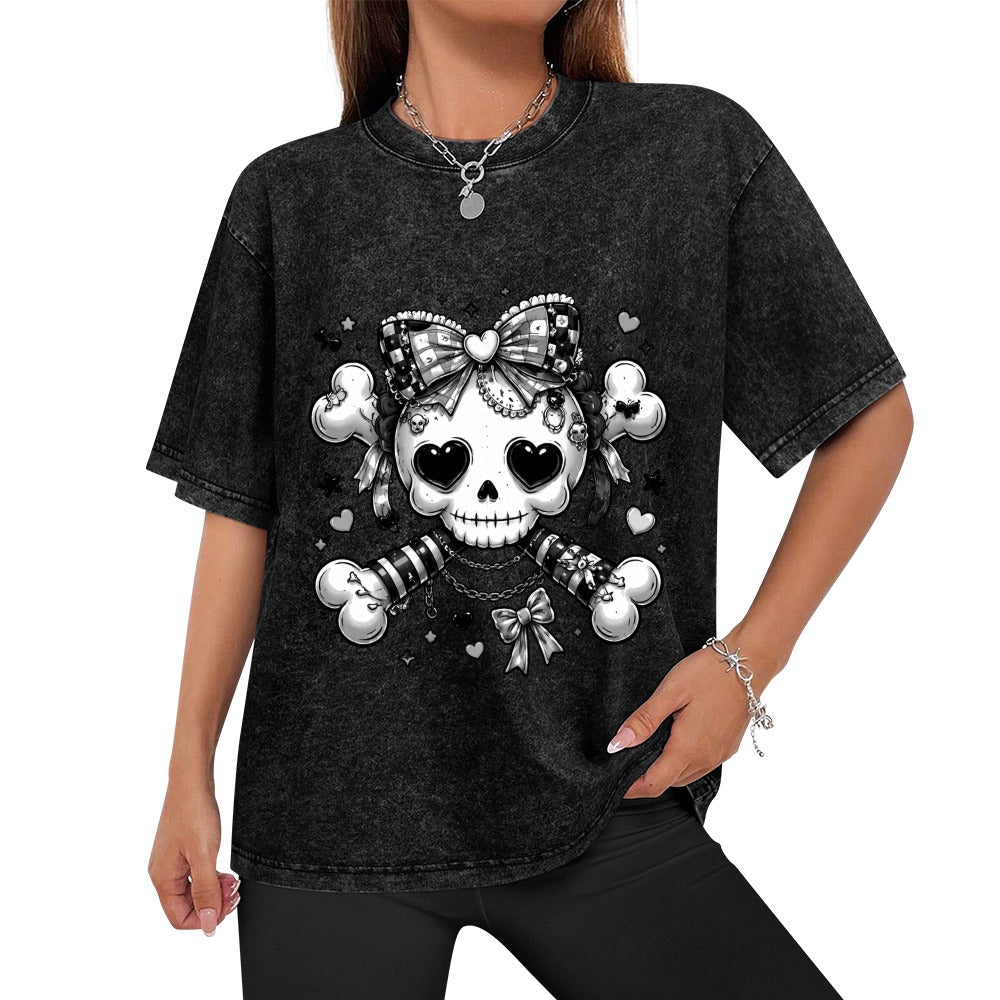 Harajuku Skull and Crossbones Hot Vintage Wash Off Shoulder Short-Sleeved T-Shirt