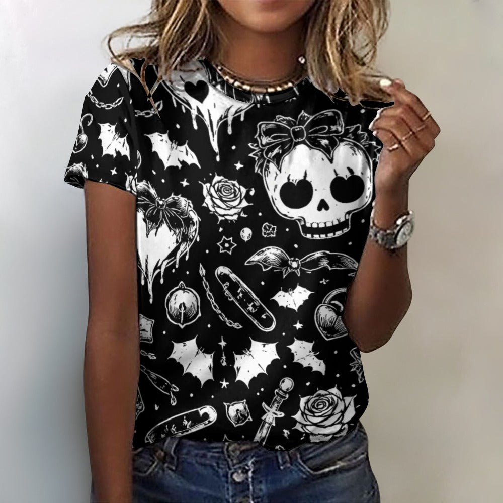 Skulls Goth Pattern Women's 100% Cotton T-Shirt