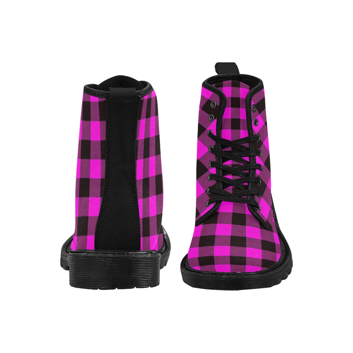 Pink and Black Plaid Women's Lace Up Canvas Boots