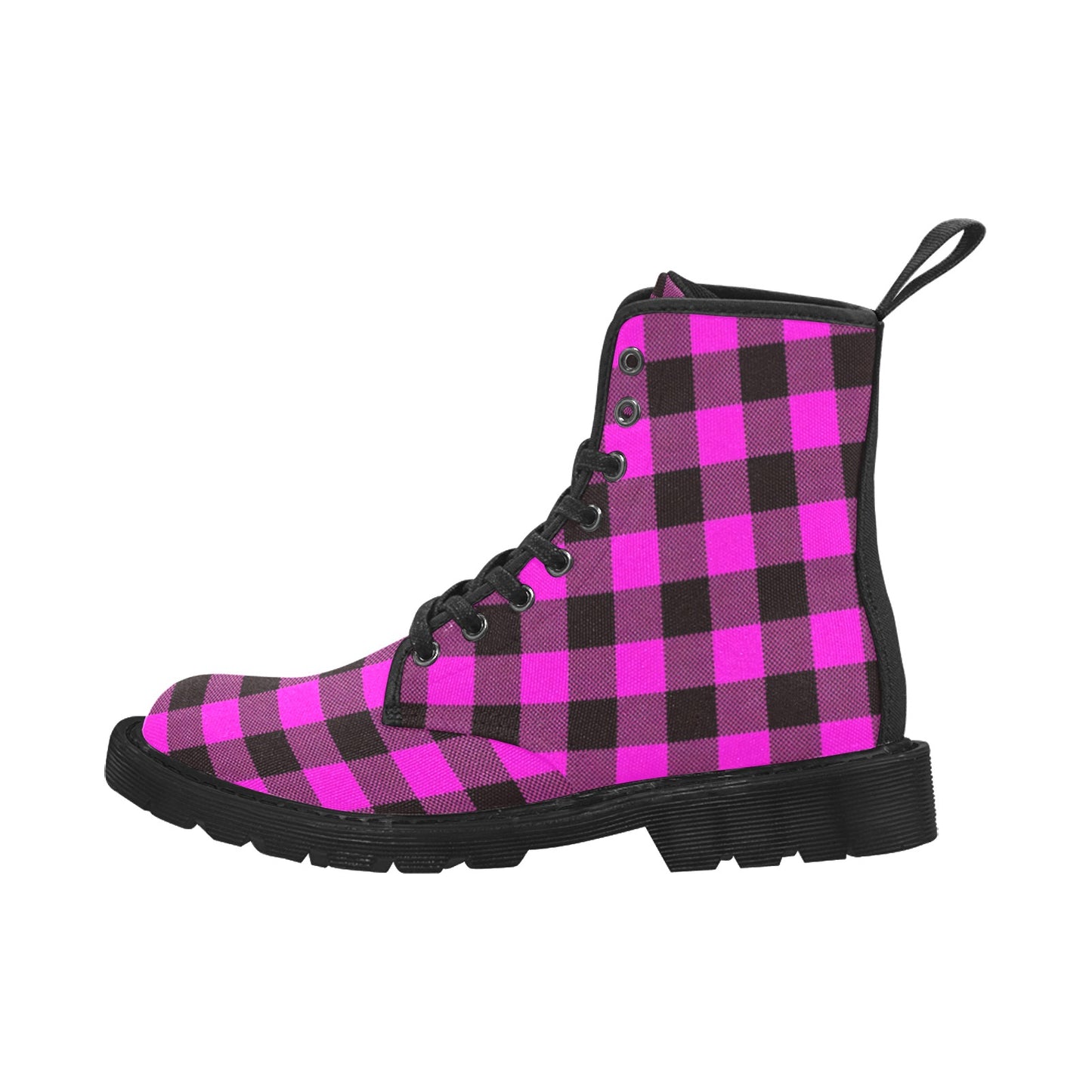 Pink and Black Plaid Women's Lace Up Canvas Boots