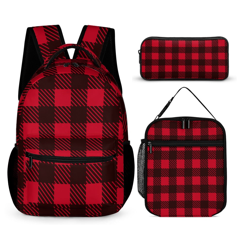 Red Black Lumberjack Three Piece Backpack Bag Set Combination
