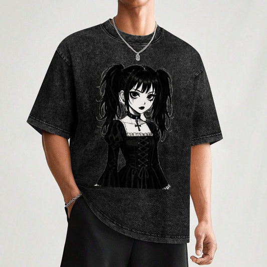 Goth Emo Harajuku Girl Vintage Wash Off Shoulder Tee