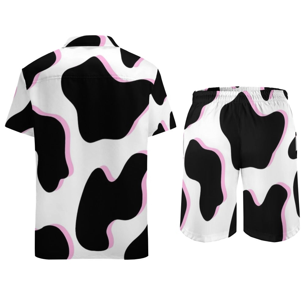 Playful Black and White Pink Cow Pattern Leisure Beach Suit