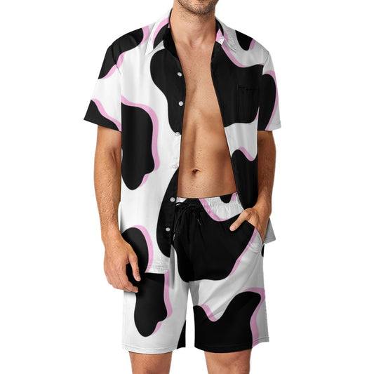 Playful Black and White Pink Cow Pattern Leisure Beach Suit