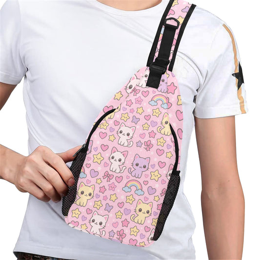 Cute Kawaii Pink Cat Rainbow Men's Casual Chest Bag