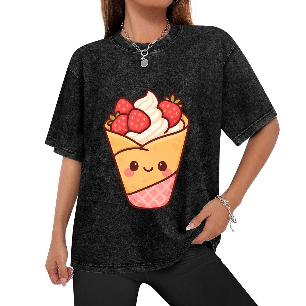 Kawaii Strawberry Crepe Vintage Off-Shoulder T-Shirt