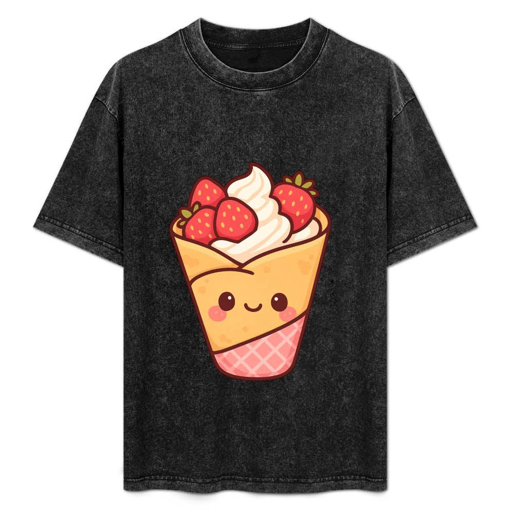 Kawaii Strawberry Crepe Vintage Off-Shoulder T-Shirt