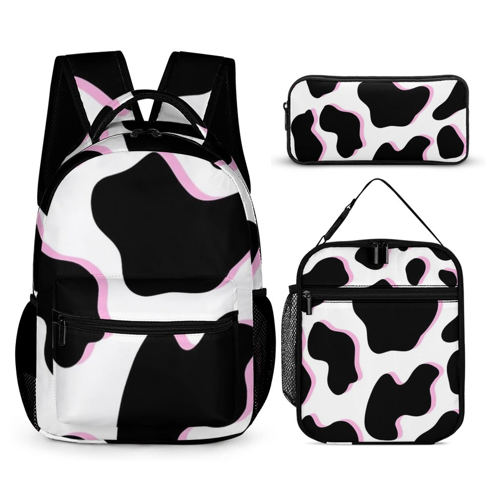 Cow and Pink Pattern Three-Piece Backpack Set Combination