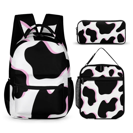 Cow and Pink Pattern Three-Piece Backpack Set Combination
