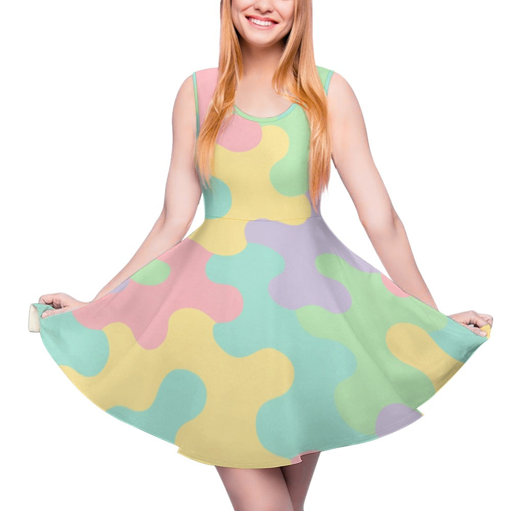 Pastel Rainbow Camo Harajuku Women's Round Neck Sleeveless Big Hem Dress