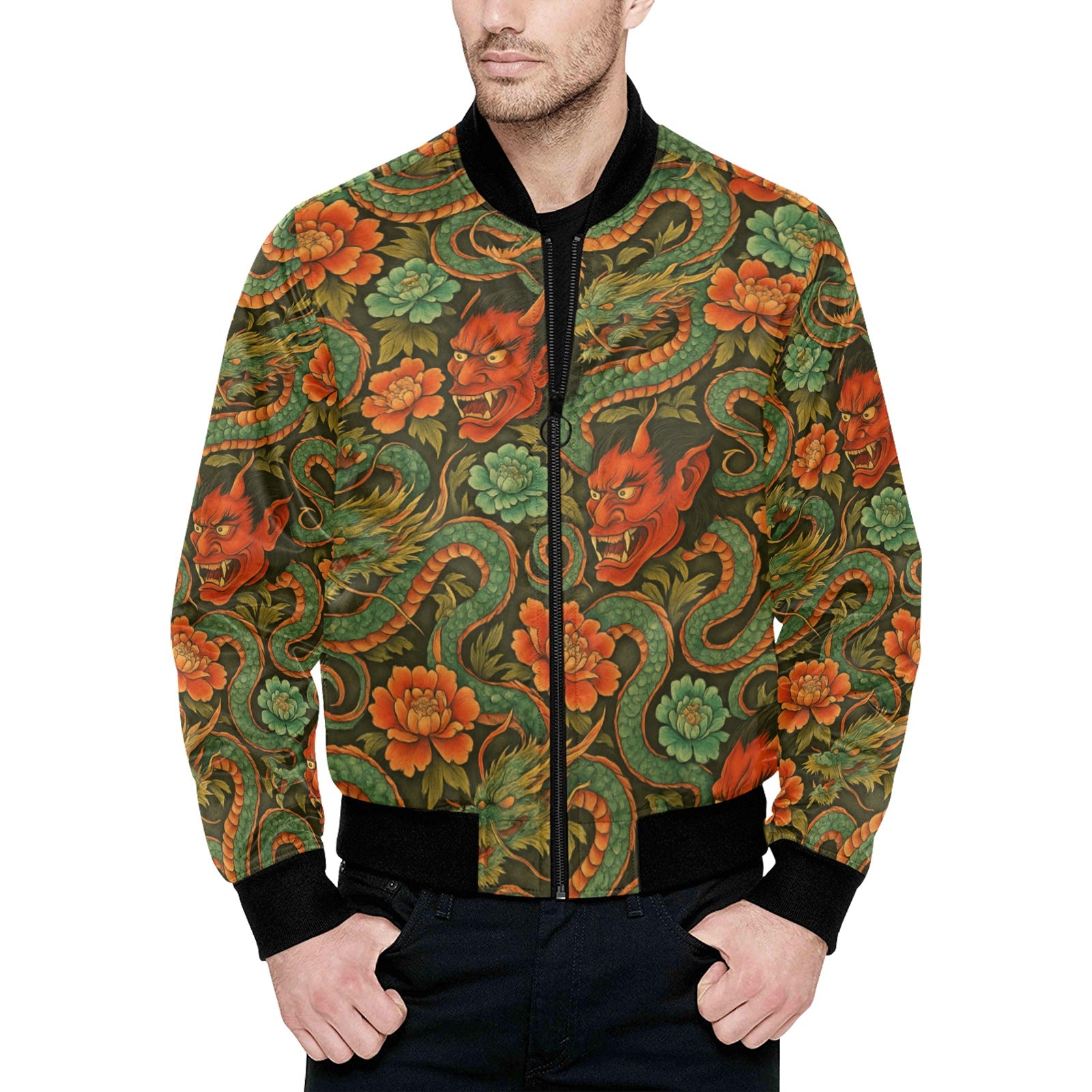 Red Dragon Devil Pattern Men's Bomber Jacket