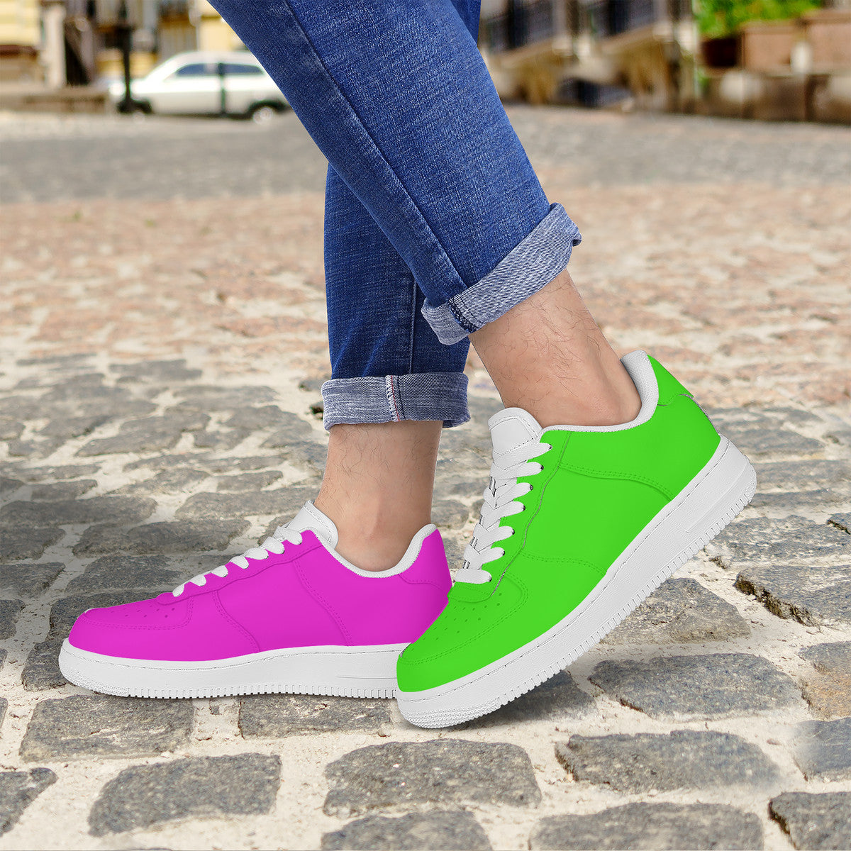 Two Tone Pink and Green Harajuku Low Top Unisex Sneaker - One Green Shoe and One Pink Shoe