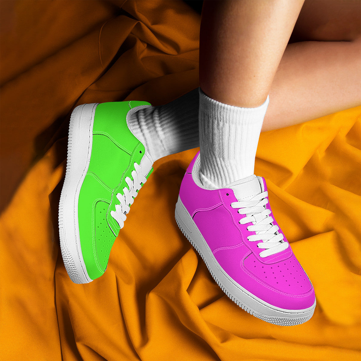 Two Tone Pink and Green Harajuku Low Top Unisex Sneaker - One Green Shoe and One Pink Shoe